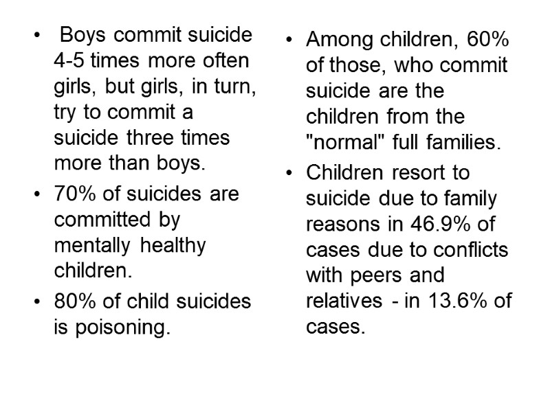 Boys commit suicide 4-5 times more often girls, but girls, in turn, try to